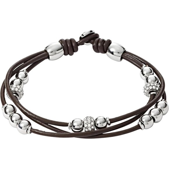 Women's Silver Glitz and Dark Brown Leather 7.5-inch Bracelet with Button clasp - Picture 1 of 5